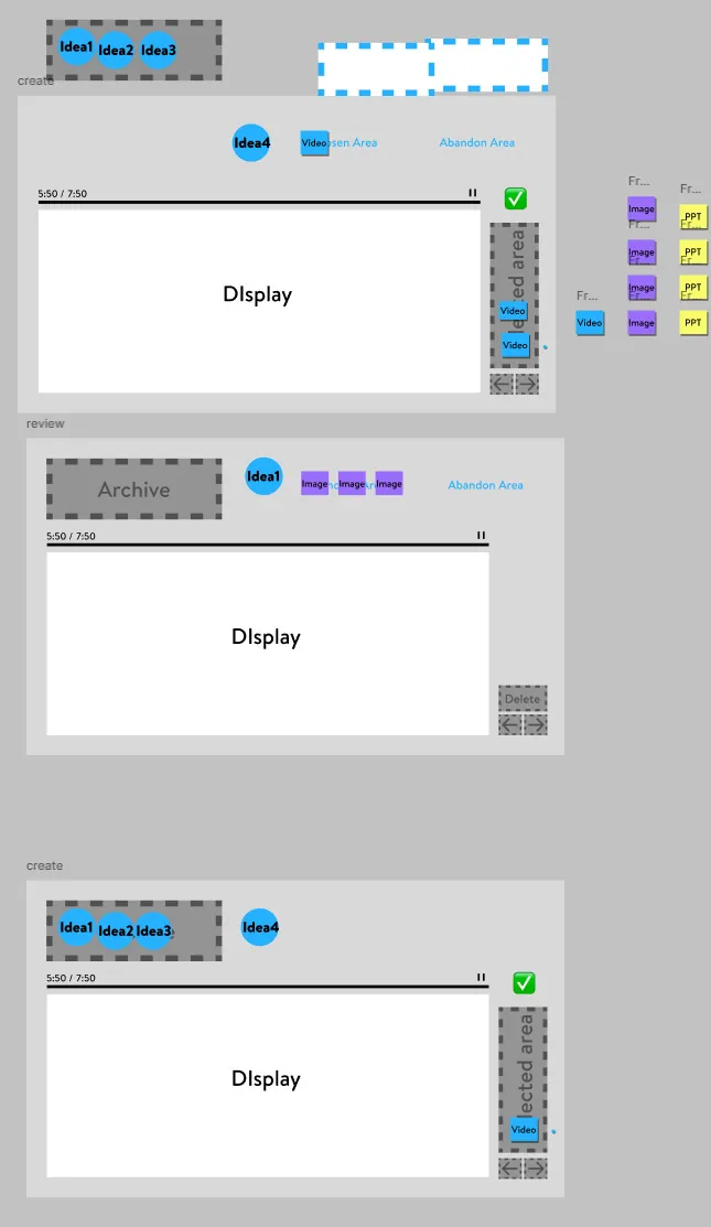 First prototype wireframes with three display states