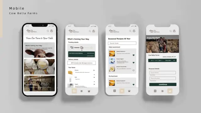 CowBella Farms mobile app screens for delivery, recipes, and visits