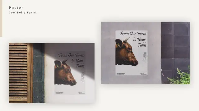 CowBella Farms poster shown in two street environments