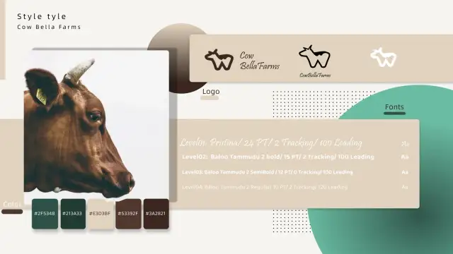 CowBella Farms logo, colors, typography, and visual style