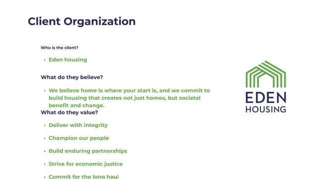 Eden Housing organization, belief, values, and logo