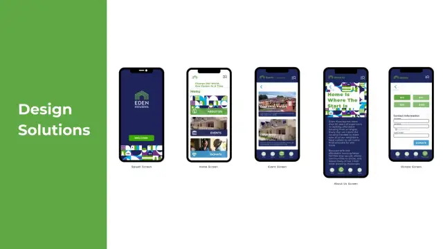 Eden Housing splash, home, event, about, and donate screens