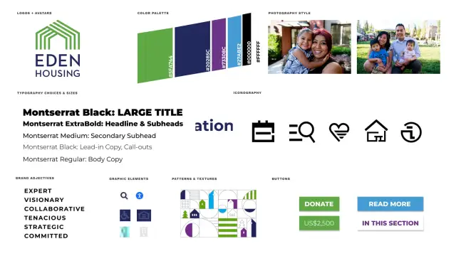 Eden Housing logo, palette, photography, typography, icons, patterns, and buttons