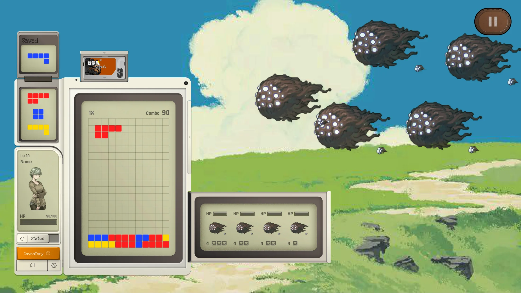 Edge of Passing battle interface with block grid, player status, upcoming blocks, abilities, and enemy