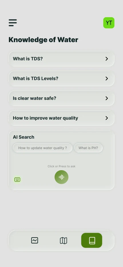 Pebble app Ask screen with an AI chat answering water quality questions