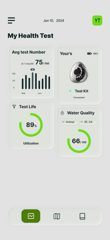 Pebble app Home screen with test history, connected device status, and the current water quality score