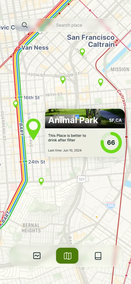 Pebble app Map screen showing nearby public drinking points and their readings in San Francisco