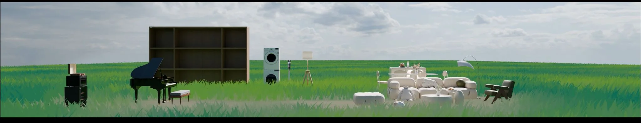 Enjoy mode showing an open grassy landscape with domestic furniture