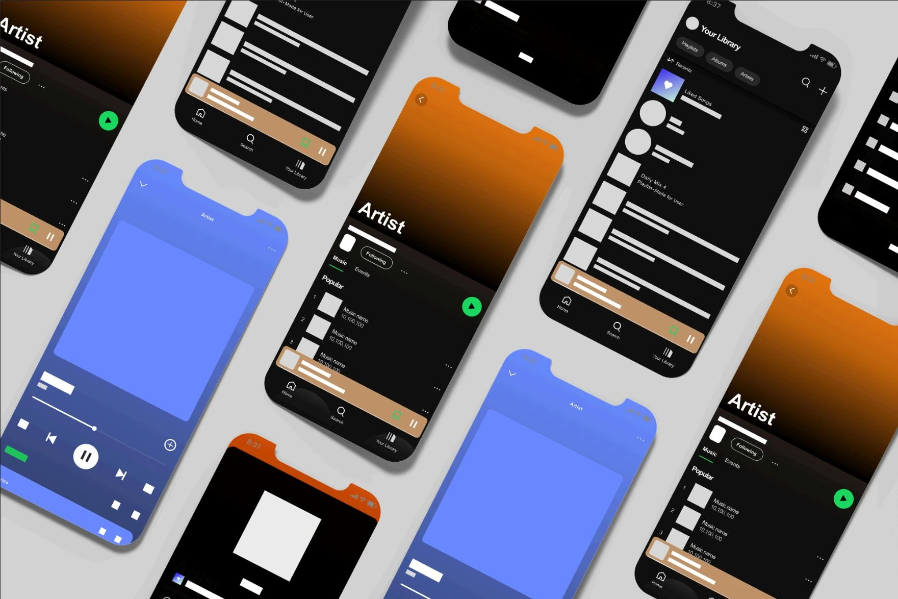 Spotify mobile redesign mockups arranged diagonally