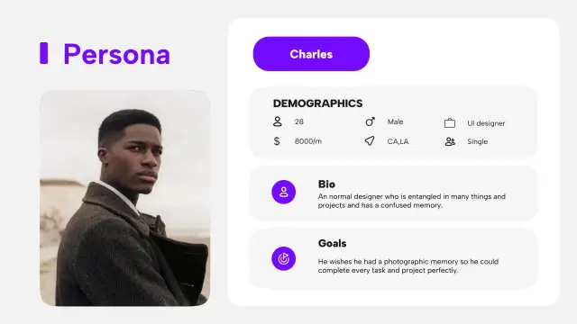Persona for Charles, a designer balancing many projects